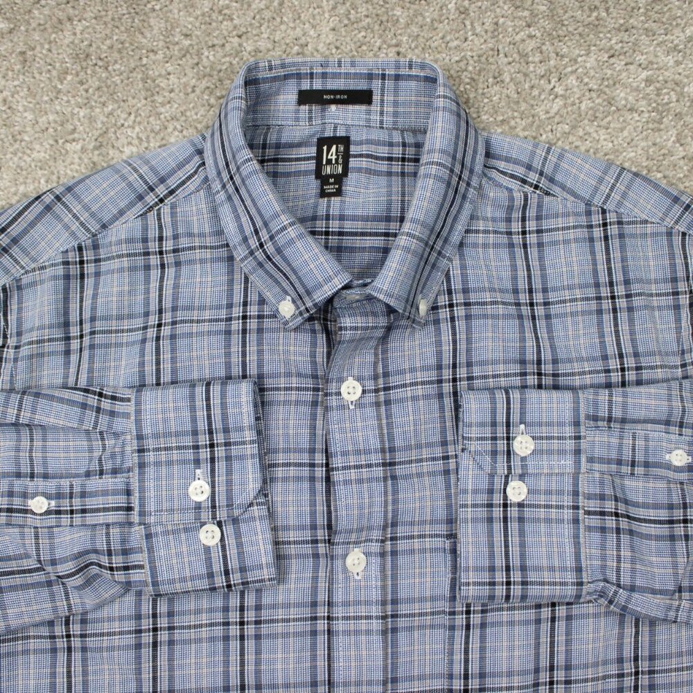 14th & Union Shirt Mens Medium Blue/Black Non-Iron‎ 100% Cotton L/S Button Down